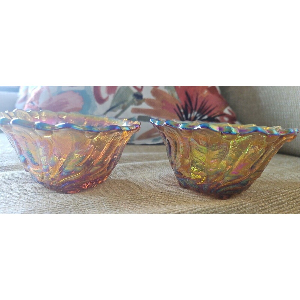 Pair of Vintage Marigold Iridescent Carnival Glass Candle Holders